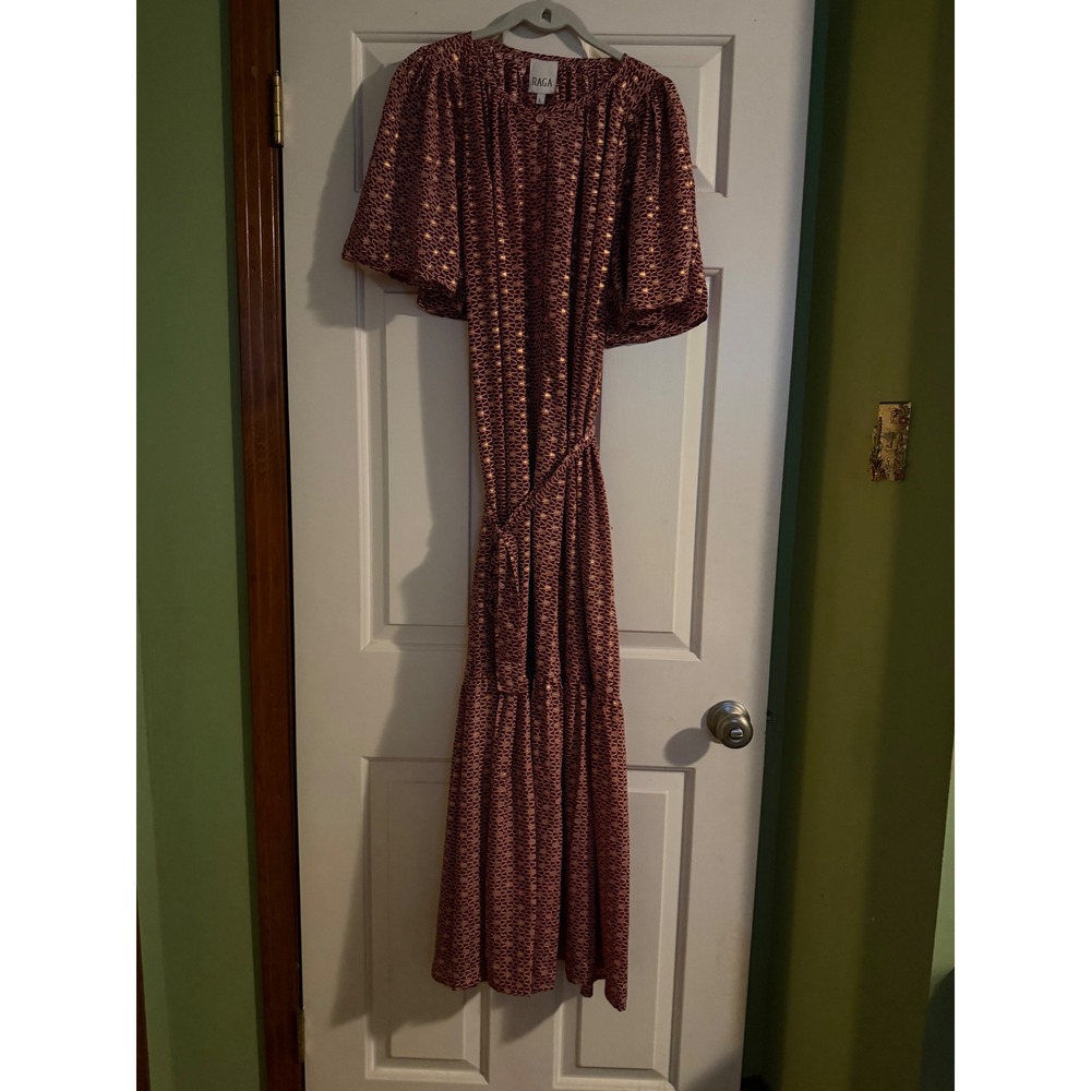 Raga Pink Gold Metallic Ikat Geometric Tiered Maxi Dress Button Front Large NWT